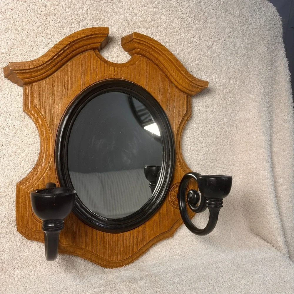 Vintage Faux Wood Shield Wall Mirror Sconce Dual Candle Holder Black Scroll Arms